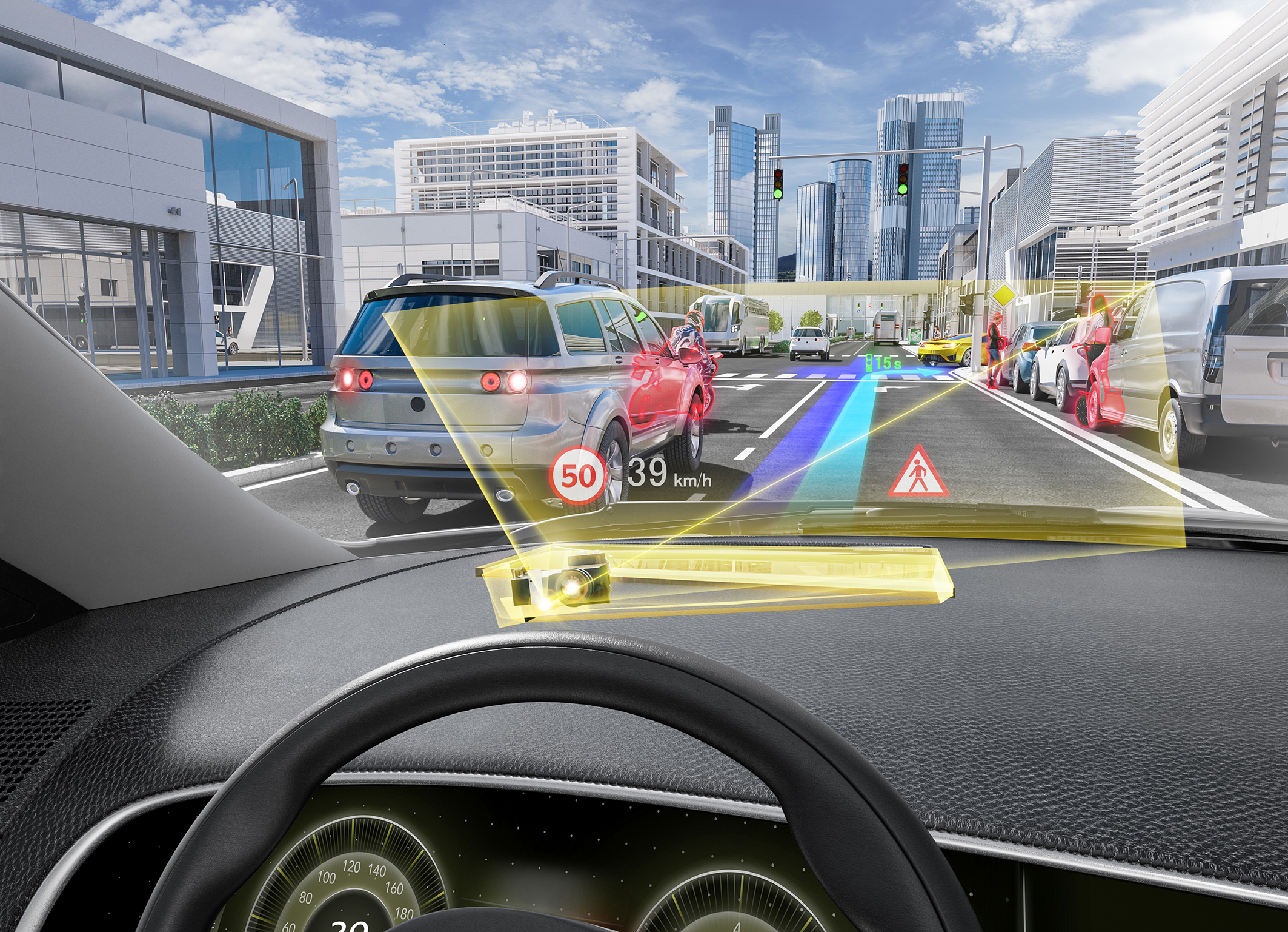 Head-Up Display von Continental Auomtotive: Virtuelle Projektion der Fahnbahnstrecke und des Tempolimits